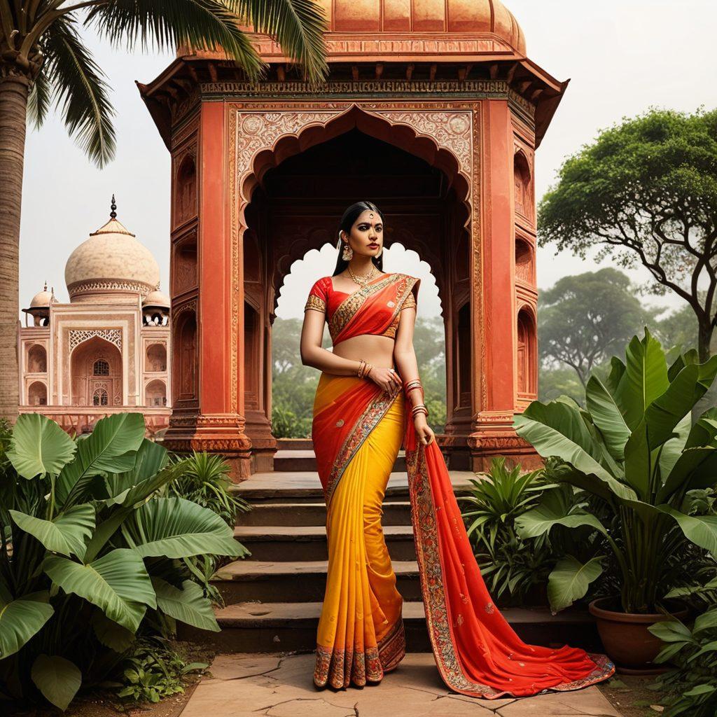 A vibrant collage showcasing the evolution of adult entertainment in India to Asia, featuring iconic symbols of both cultures, such as traditional Indian art motifs blending into lush, erotic landscapes of Asia. Include elements like beautifully draped sarees morphing into sensual silhouettes against tropical backdrops, showcasing a rich color palette. Subtly integrate iconic architecture like the Taj Mahal and Asian temples. super-realistic. bold colors. dynamic composition.
