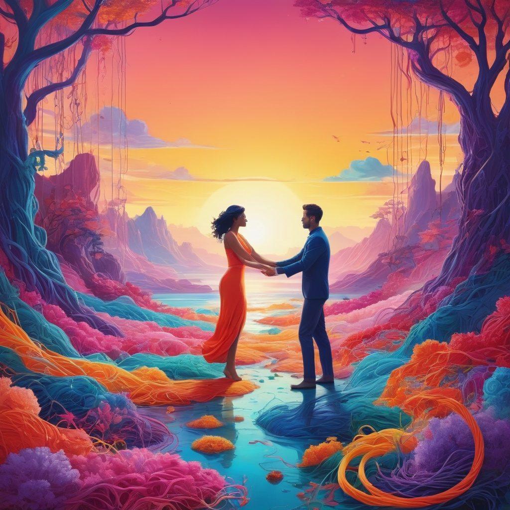 A vibrant and intricate illustration depicting a surreal landscape where sensuality meets intimacy, weaving together exuberant colors and abstract forms that represent the essence of sexual wellness. Include playful characters engaged in intimate, expressive poses, surrounded by glowing, intertwined threads symbolizing connections and desires. The background should blend soft and bold hues, enhancing a dreamlike atmosphere. surreal art. vibrant colors. 3D elements.