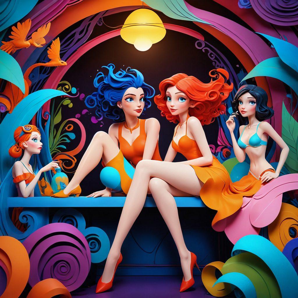 A captivating collage showcasing vibrant scenes of adult animation, including stylized characters with exaggerated features, swirling colors and whimsical backgrounds. Incorporate elements of eroticism through playful poses and suggestive interactions, blending fantasy and allure in a visually stimulating environment. Use a mix of textures and lighting to enhance the depth and mood. 3D rendered. vibrant colors. high contrast.